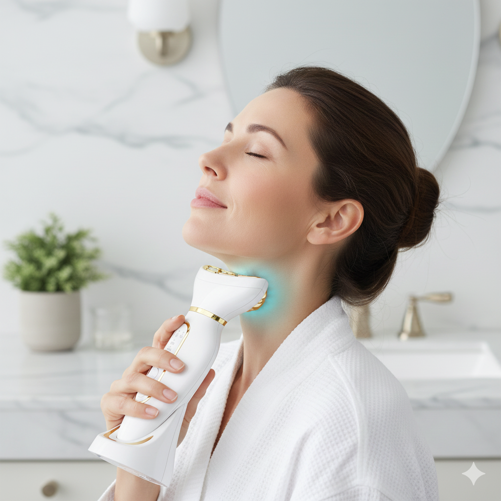 Femme utilisant un appareil lifting visage et cou EMS micro-courant avec technologie LED verte – masseur facial anti-rides – PureBeam Beauty à domicile