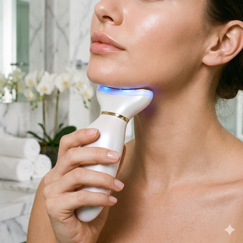 Appareil lifting visage EMS PureBeam utilisé sur le cou d'une femme