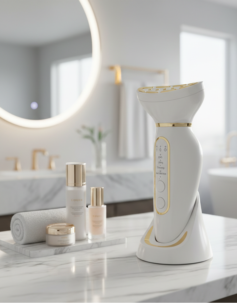 L'appareil de lifting visage et cou EMS PureBeam Beauty, modèle blanc et or, posé sur son socle de charge sur un comptoir en marbre de Carrare. Il est entouré de flacons de sérums et crèmes haut de gamme dans une salle de bain lumineuse style spa.
