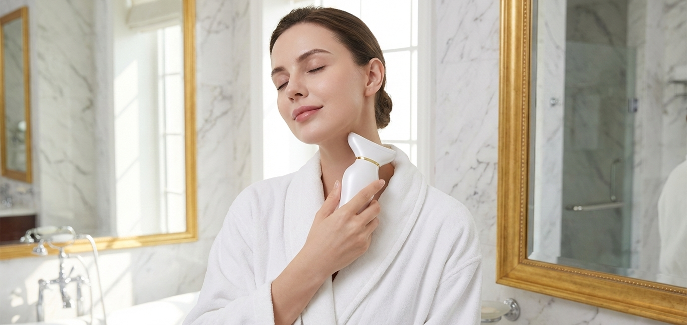Femme à la peau éclatante utilisant l'appareil de lifting visage PureBeam blanc et or sur son cou dans une salle de bain de luxe en marbre.